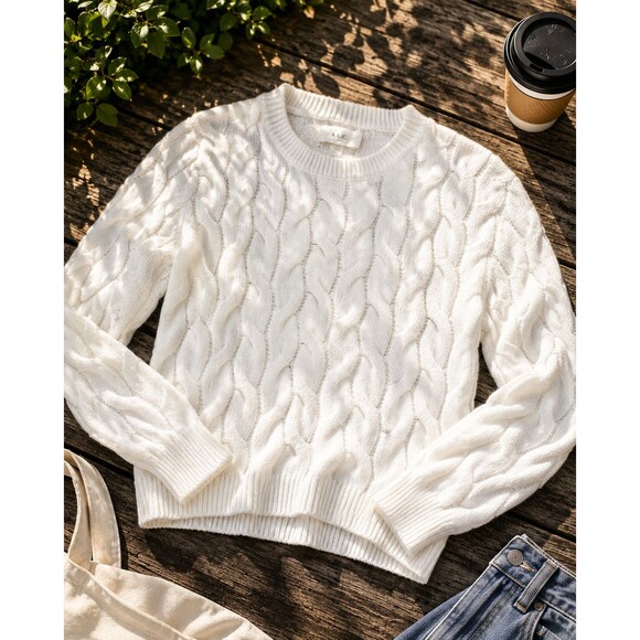 Pinque Sweaters - Pinque Cable Knit Fisherman Sweater Womens Large Ivory Crew Neck Preppy Cozy